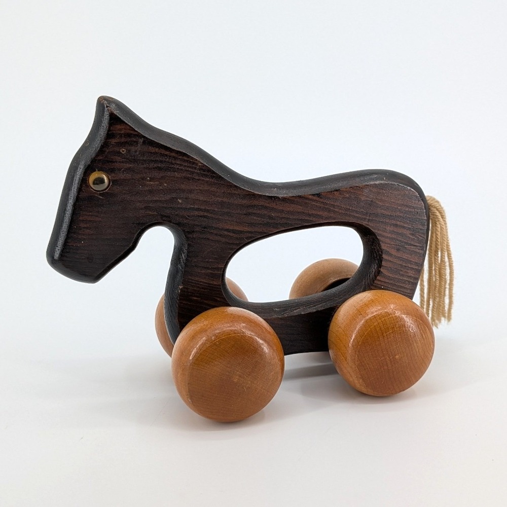 Vintage Wooden Horse Push Toy Rolling Dark Brown Wood Nursery Decor Baby